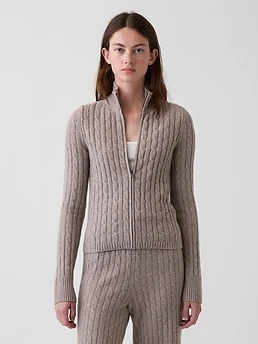 CashSoft Cable-Knit Zip Cardigan — reference image